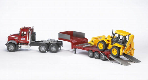 Bruder Mack Granite Flatbed Truck with Loader Backhoe- Jouets LOL Toys