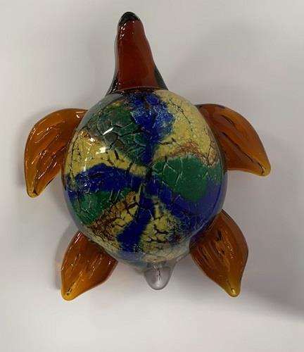 Glass Brown Turtle With Green Blue Yellow Shell