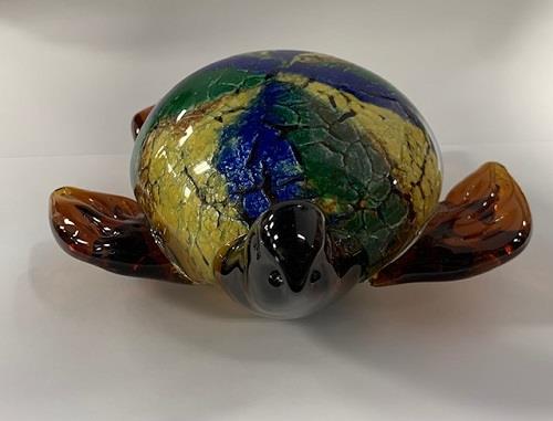Glass Brown Turtle With Green Blue Yellow Shell