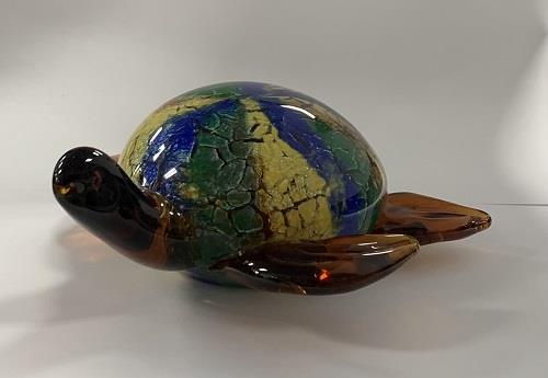 Glass Brown Turtle With Green Blue Yellow Shell