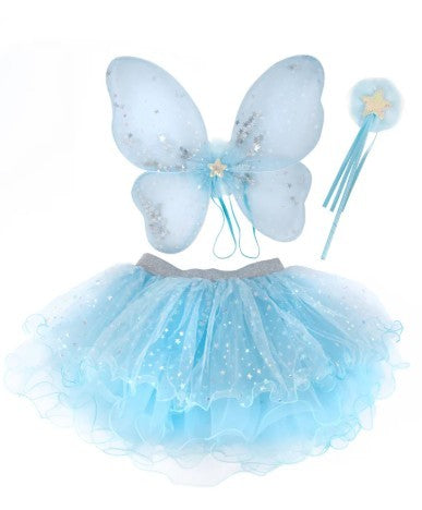 Iridescent Celestial Fairy Wings Tutu and Wand Set (Size 4-6) - Céleste irisé Ailes de fée, Ensemble de tutu et baguette magique (Blue/Bleu) (Taille 4-6)