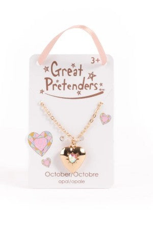 Birthstone Heart Locket Necklace (October Opal) - Pierre de naissance Collier médaillon cœur (Octobre Opale)