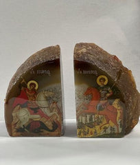 Saint George and Dimitrios Stone Orthodox Icon Bookends  / Serre-livres en pierre, icône orthodoxe de Saint-Georges et de Dimitrios