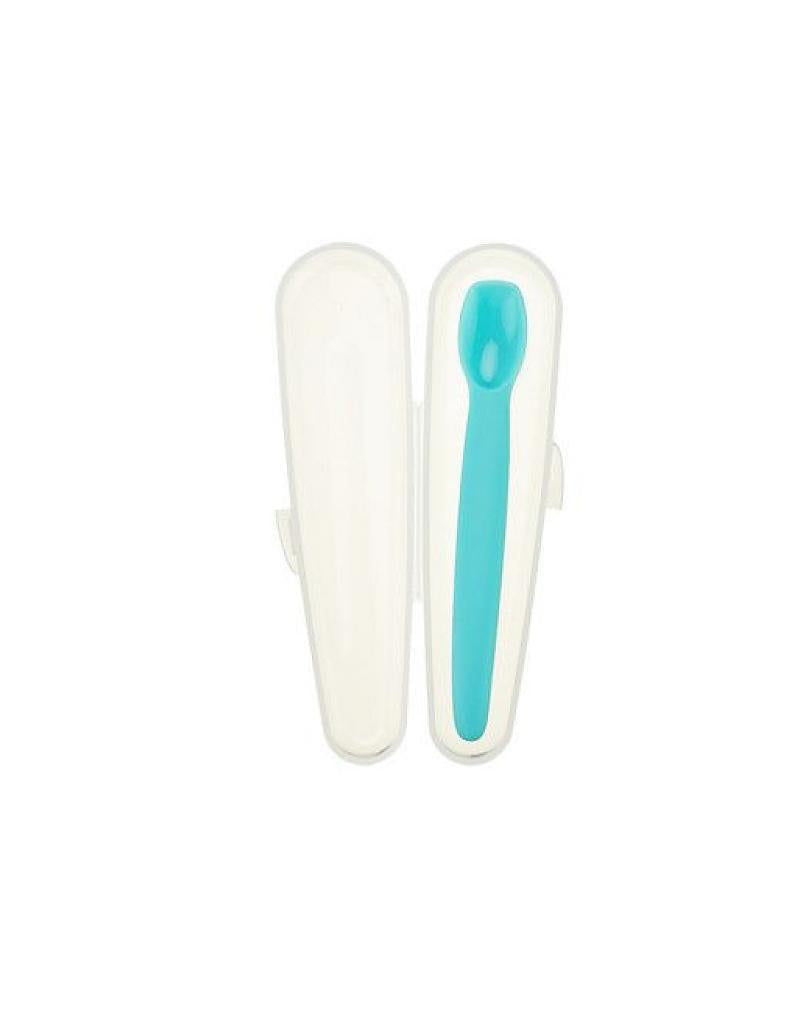 Silicone Baby Spoon W/Travel Case Aqua / Cuillère pour bébé en silicone avec étui de voyage, couleur aqua.
