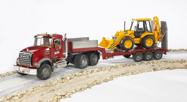 Bruder Mack Granite Flatbed Truck with Loader Backhoe- Jouets LOL Toys