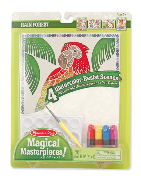 Melissa & Doug Magical Masterpieces Rain Forest comprend des scènes pré-conçues pour être remplies de couleur de l'eau. Choisissez et mélangez la peinture et commencez à remplir la scène. Les motifs et les départements apparaissent comme la peinture enfan